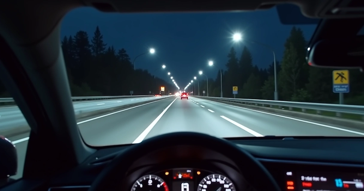Carro dirigindo à noite com faróis inteligentes ativados na estrada 