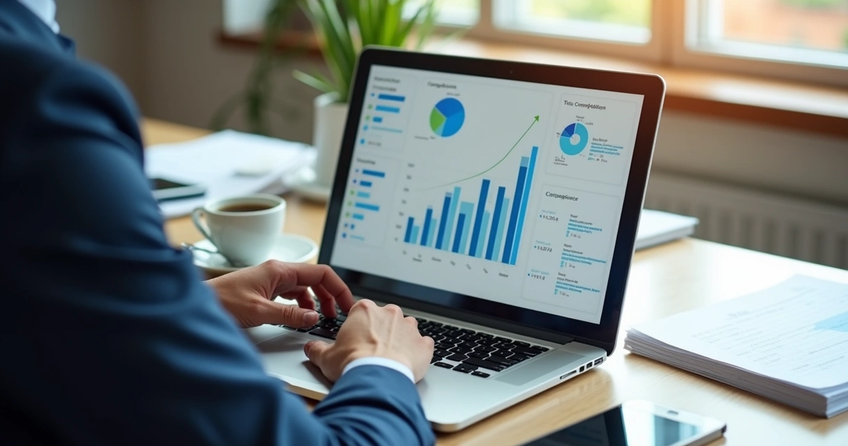 Pessoa analisando relatórios de campanha em notebook, conferindo dados e gráficos