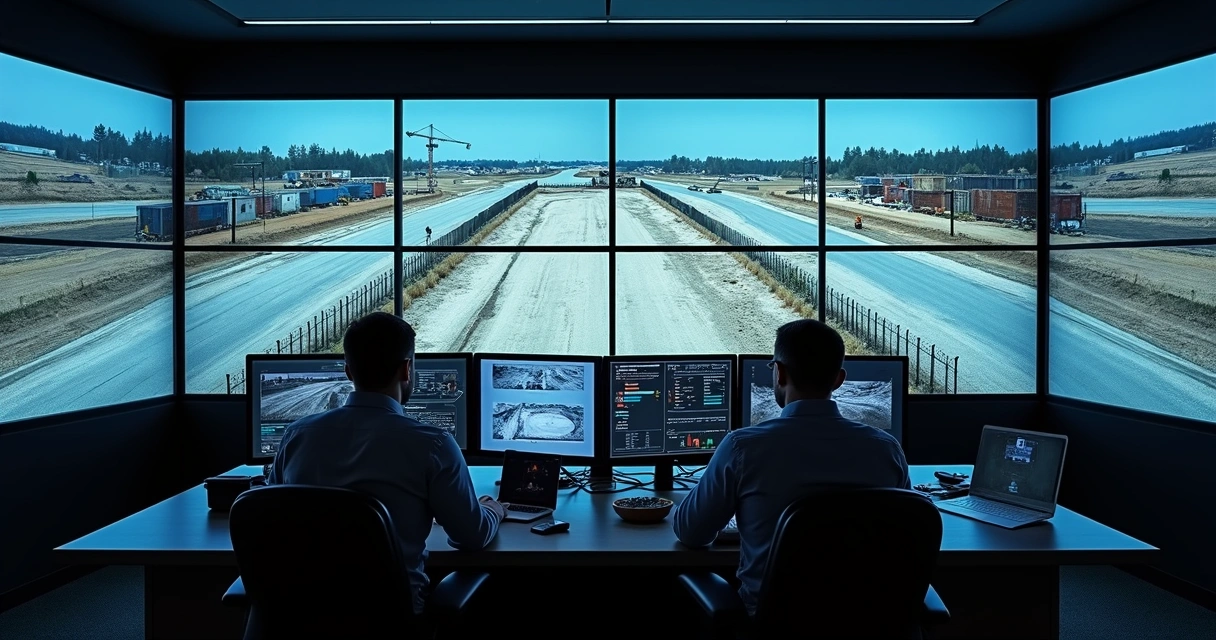 Plataforma de vigilância monitorando obras à distância, com câmeras e sala de controle 