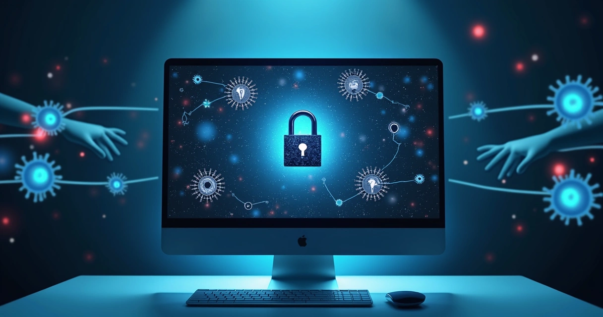 Ilustração de segurança digital com chat de IA e cadeado central 