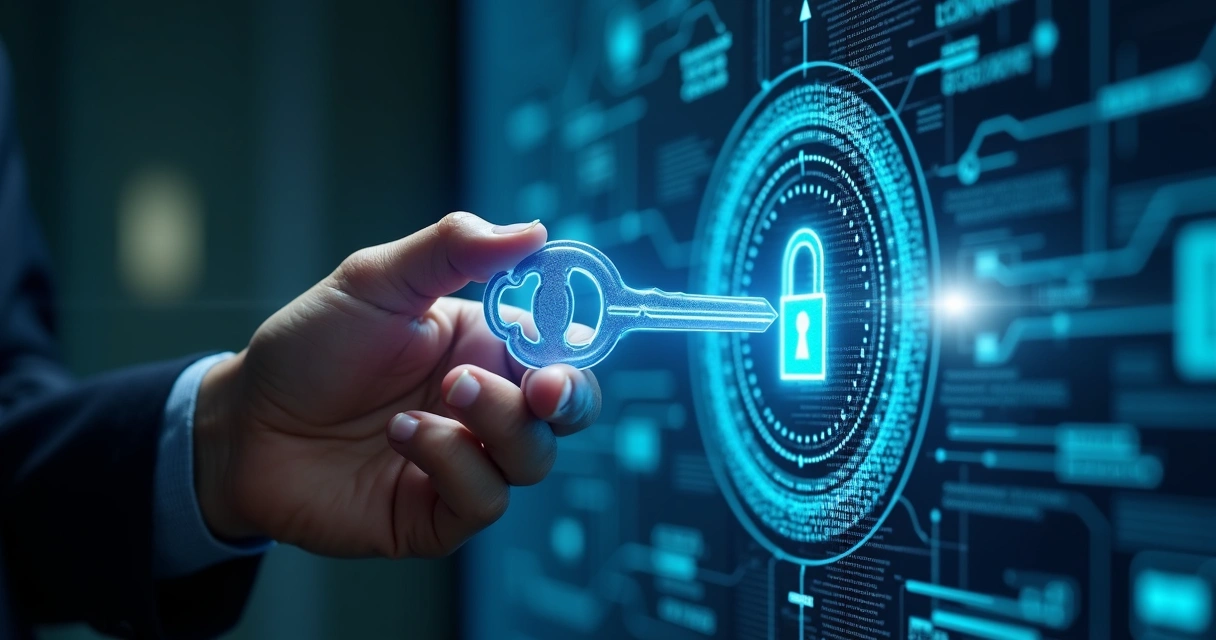 Pessoa guardando chave digital em um cofre virtual com tela 