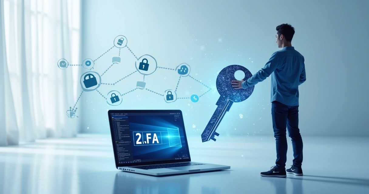 Pessoa segura chave digital ao lado de tela de autenticação 2FA