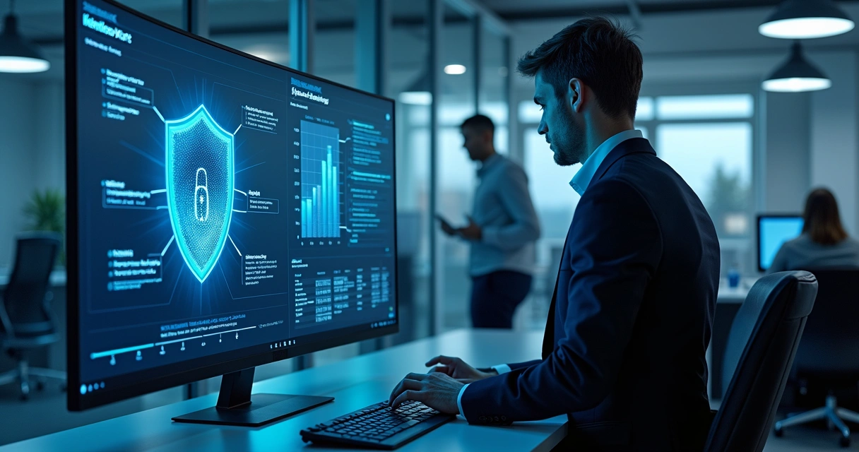 Profissional de TI revisando firewall em escritório moderno com tela mostrando alerta de vulnerabilidade.