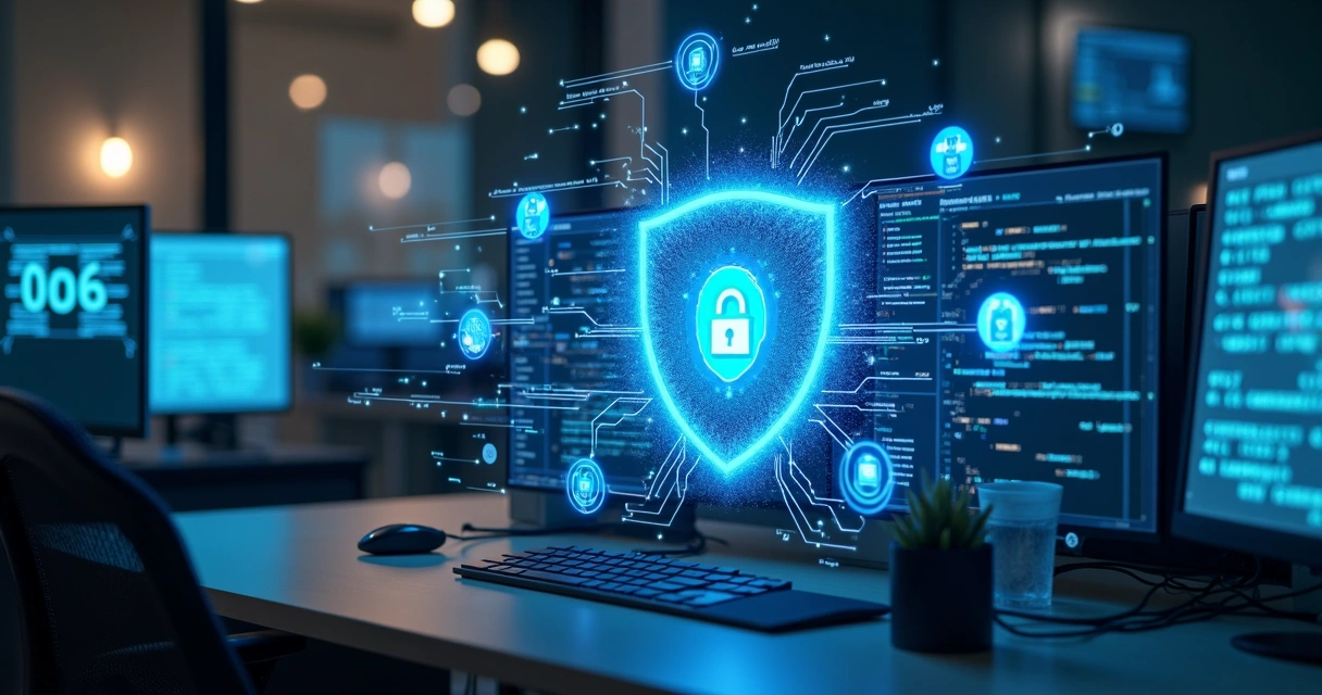 Escritório digital com escudo de cibersegurança ao centro e gráficos 