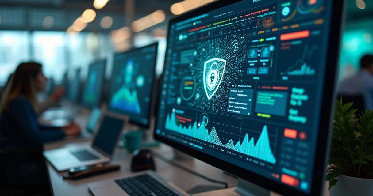 Computador com tela exibindo código de segurança digital e gráficos de proteção contra ataques cibernéticos em ambiente de e-commerce na Black Friday 