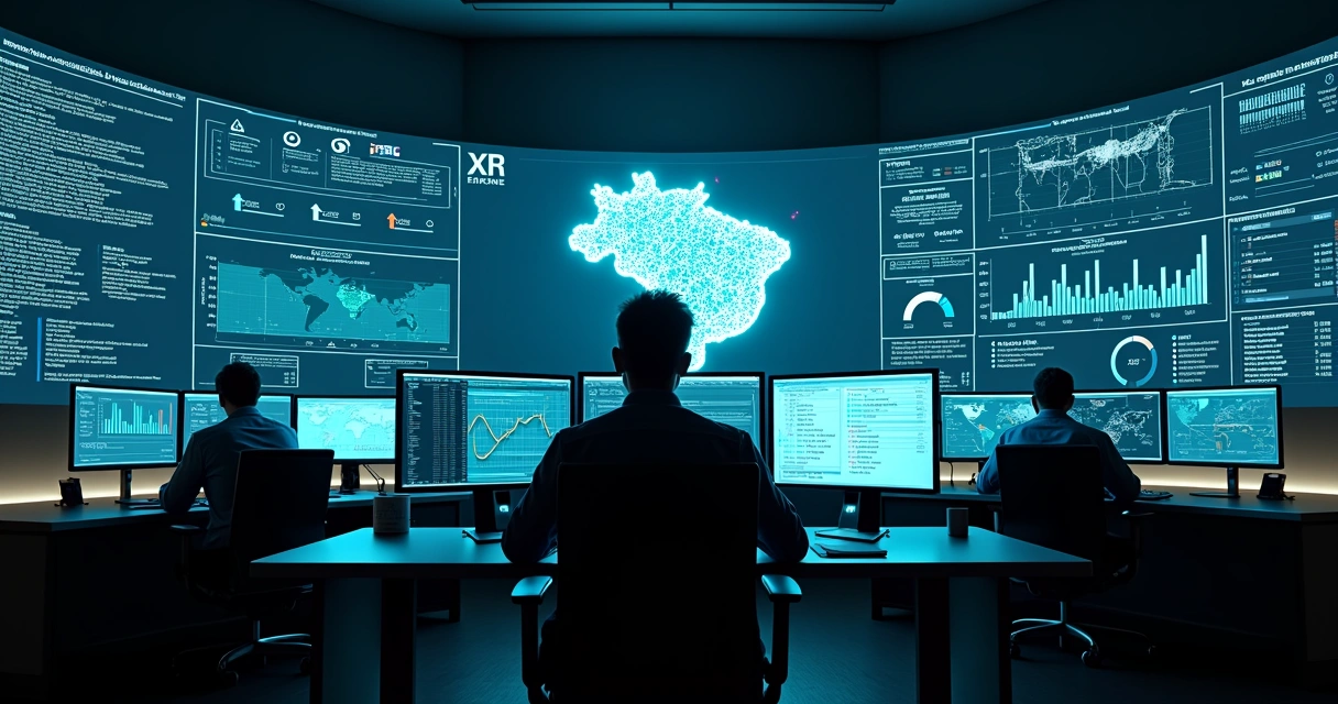 Profissional monitora painel de cibersegurança com mapa do Brasil em destaque 