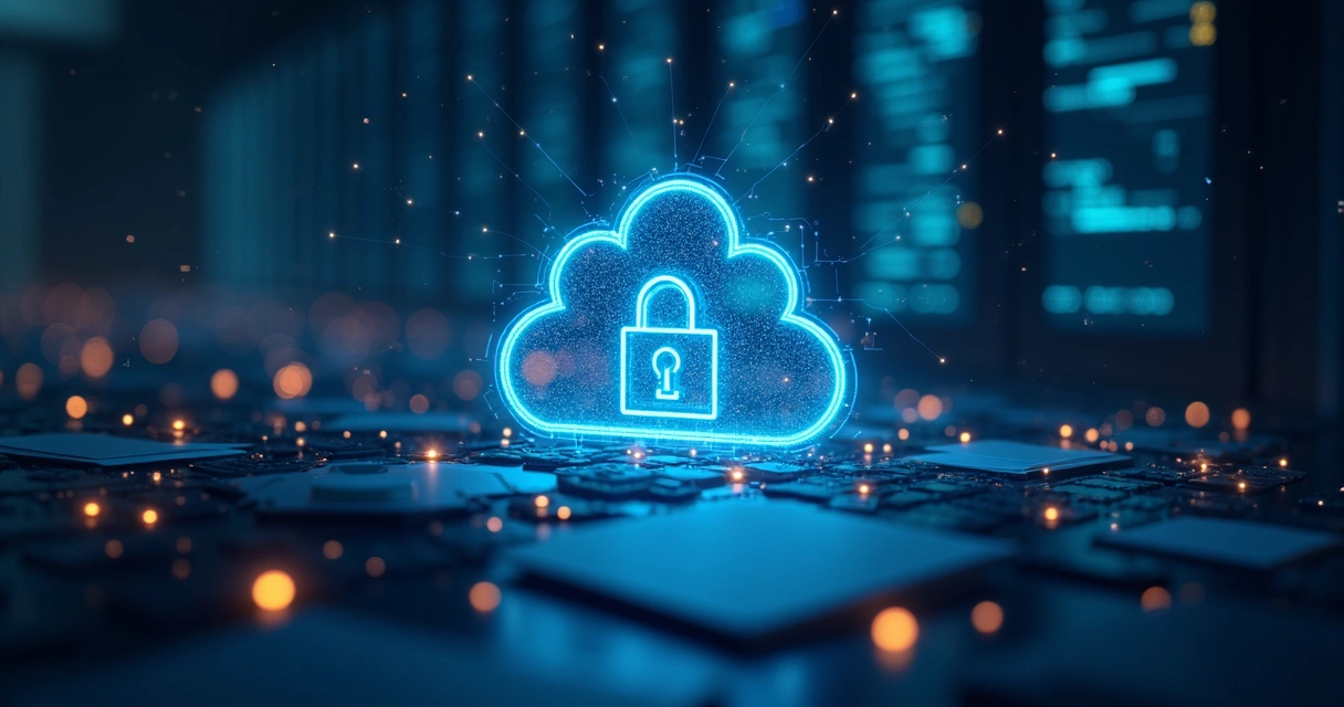 Ambiente de cloud computing com elementos visuais de cibersegurança