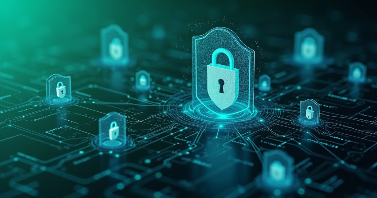 Ícones representando segurança digital e proteção financeira, com cadeados e moedas virtuais 