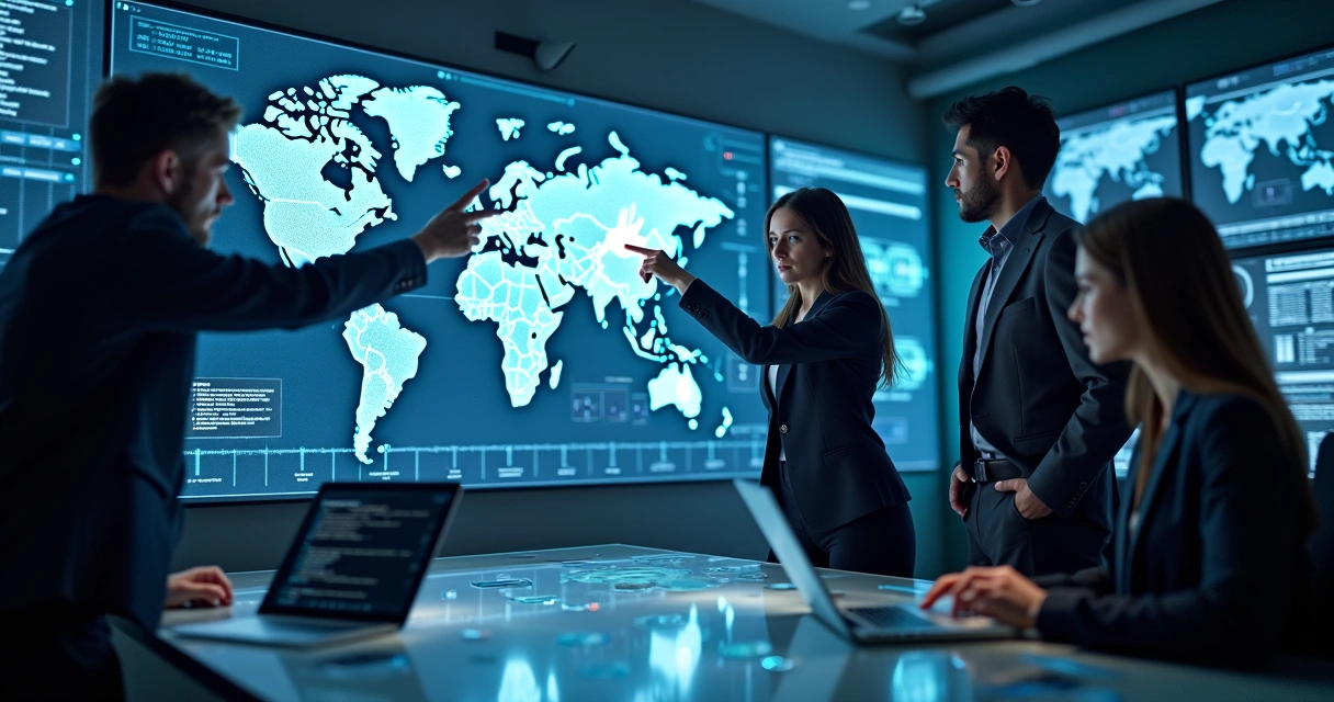 Equipe analisando segurança cibernética em painel digital 