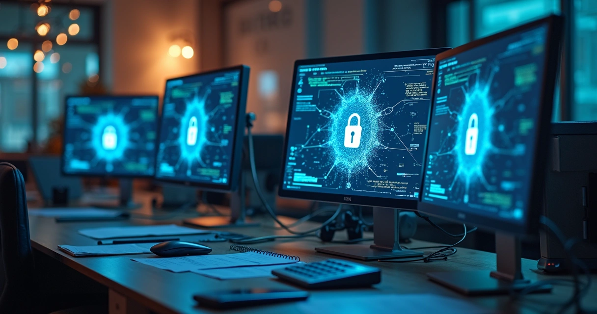 Proteção digital com ícones de cadeado e redes em escritório contábil 