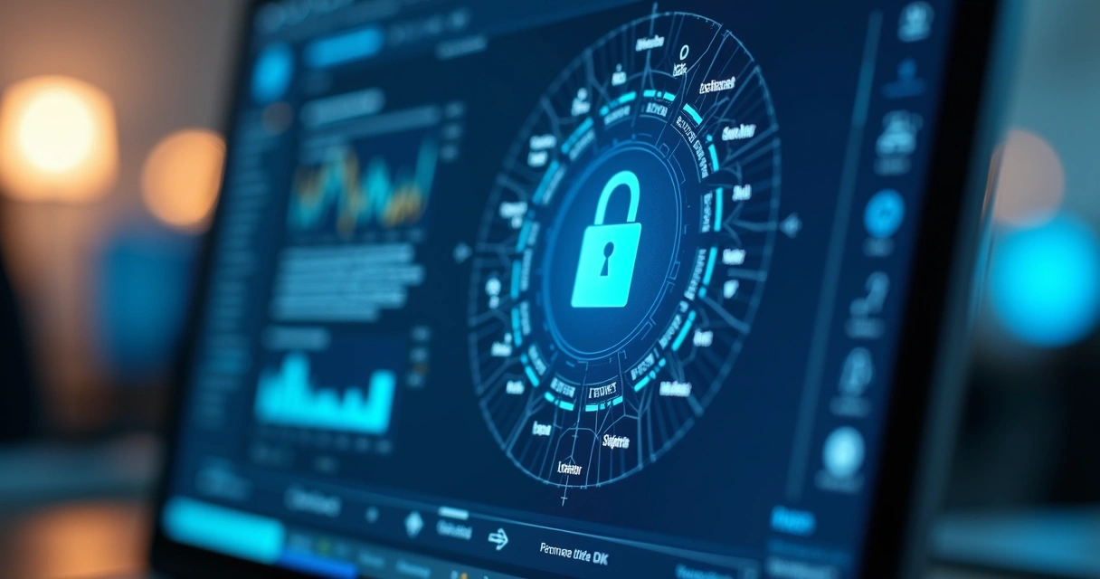Interface de software aberta em tela, símbolo de cadeado indicando segurança digital 