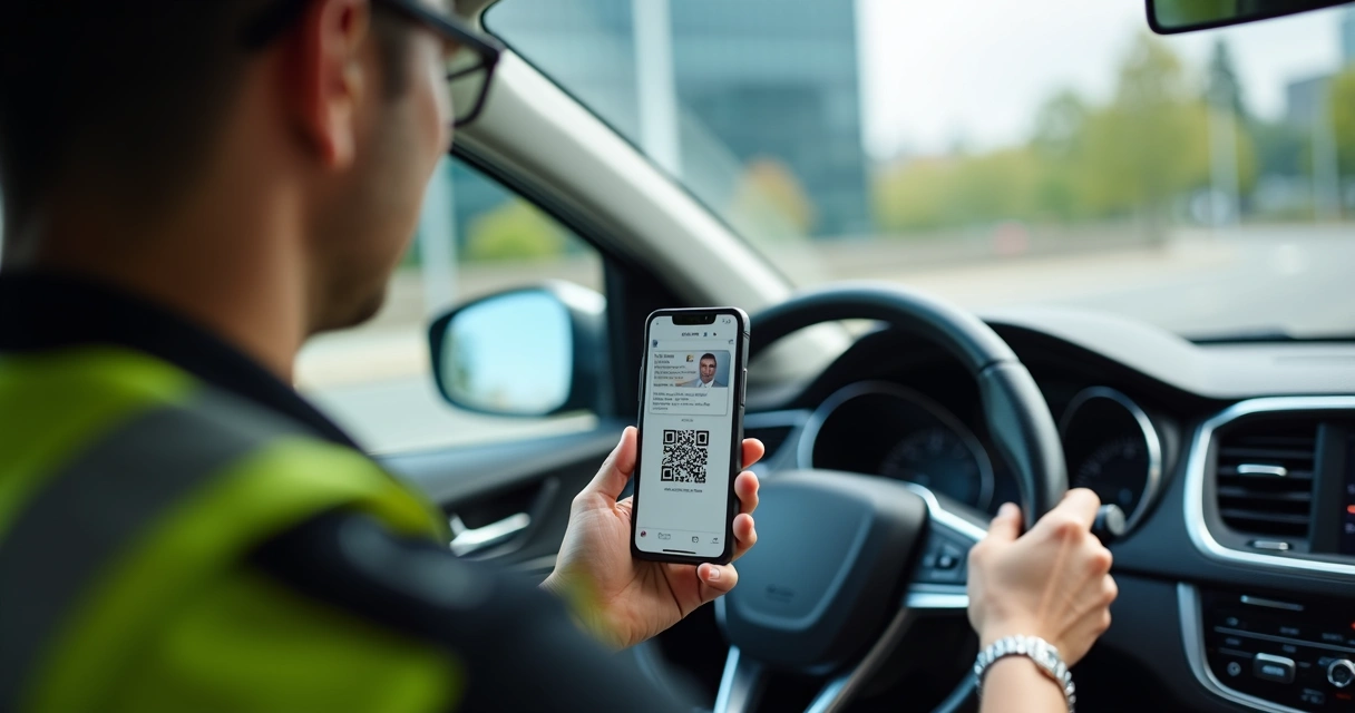 Agente de trânsito verificando QR Code de CNH digital no celular do condutor 