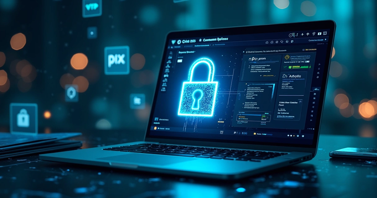 Mesa de trabalho com laptop exibindo painel de segurança PCI DSS, cadeado digital flutuando e elementos gráficos de criptografia e controle de acesso 