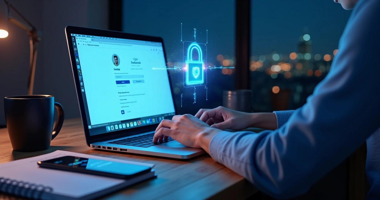 Pessoa digitando em notebook com aplicativo do Instagram e cadeado digital pairando acima da tela 