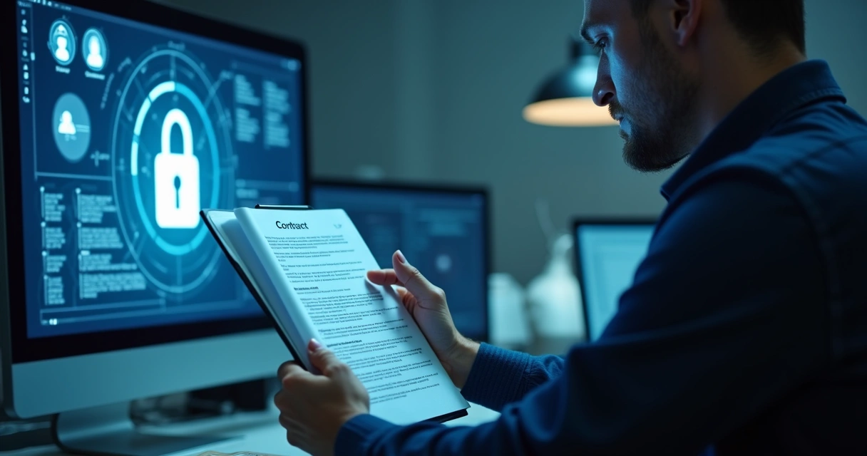Pessoa revisando contrato digital em uma tela de computador 