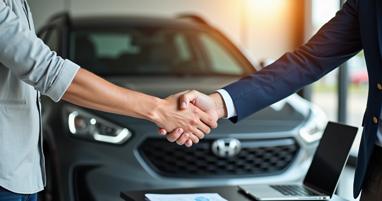 Aperto de mãos entre comprador e vendedor com carro ao fundo 