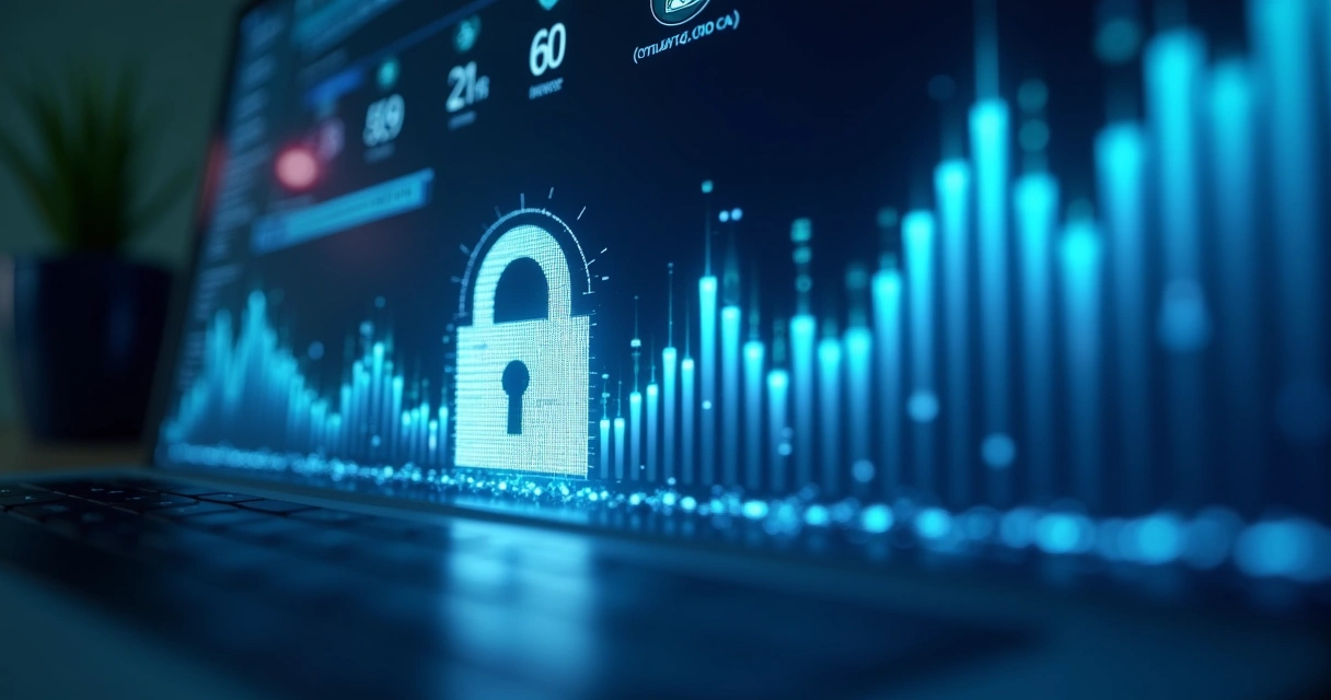 Tela protegida por cadeado digital e gráfico de segurança 