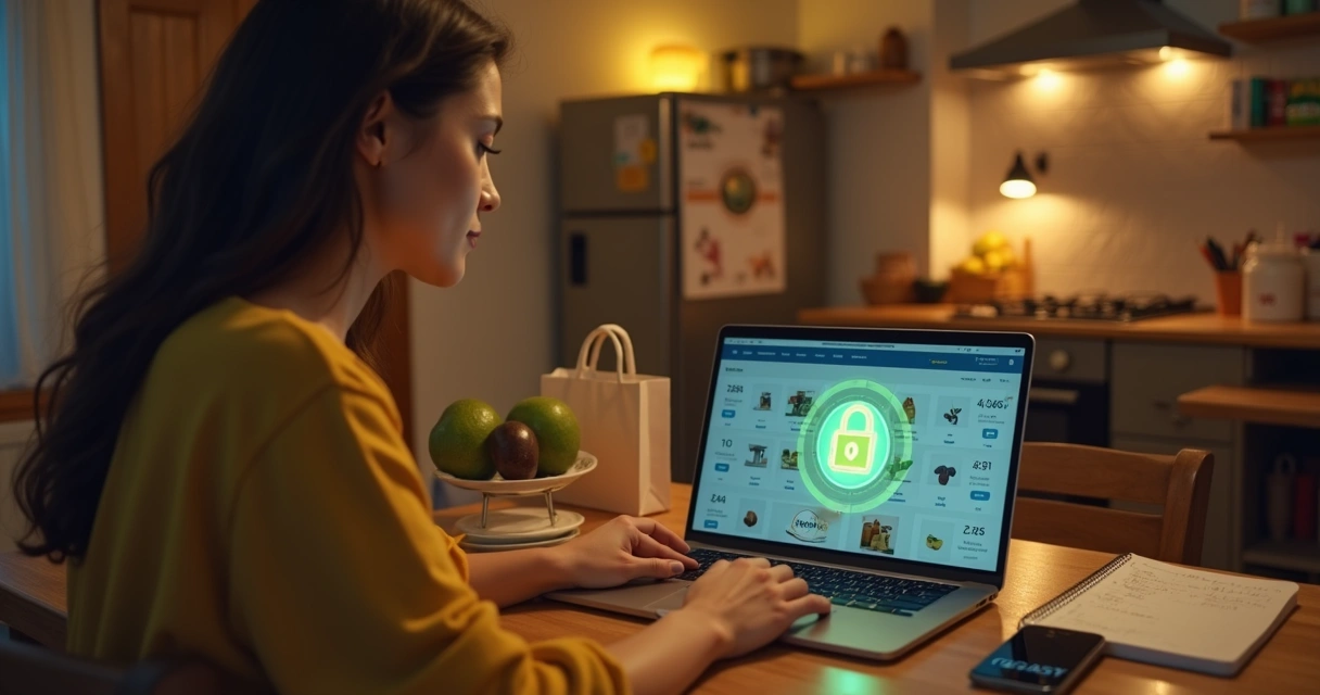 Mãe conferindo site de supermercado online com cadeado digital de segurança na tela 