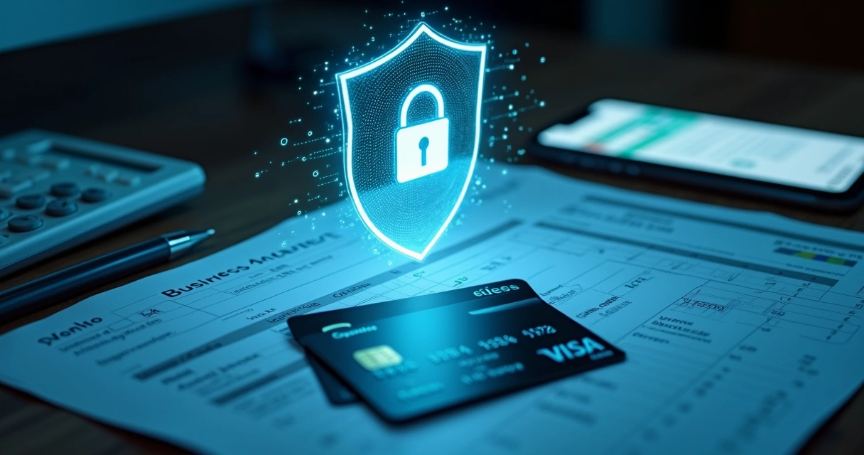 Cartões de crédito protegidos por escudo digital sobre mesa com extratos bancários 