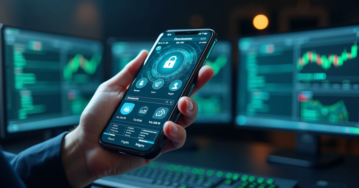 Mão segurando smartphone mostrando tela com gráficos e ícones de segurança digital 
