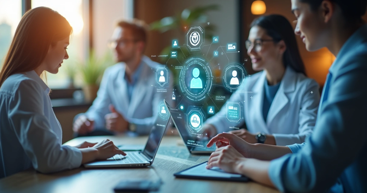 Ambiente digital seguro com profissionais de bem-estar usando dispositivos, interfaces de plataforma segura exibindo identidade verificada e pagamentos automáticos 