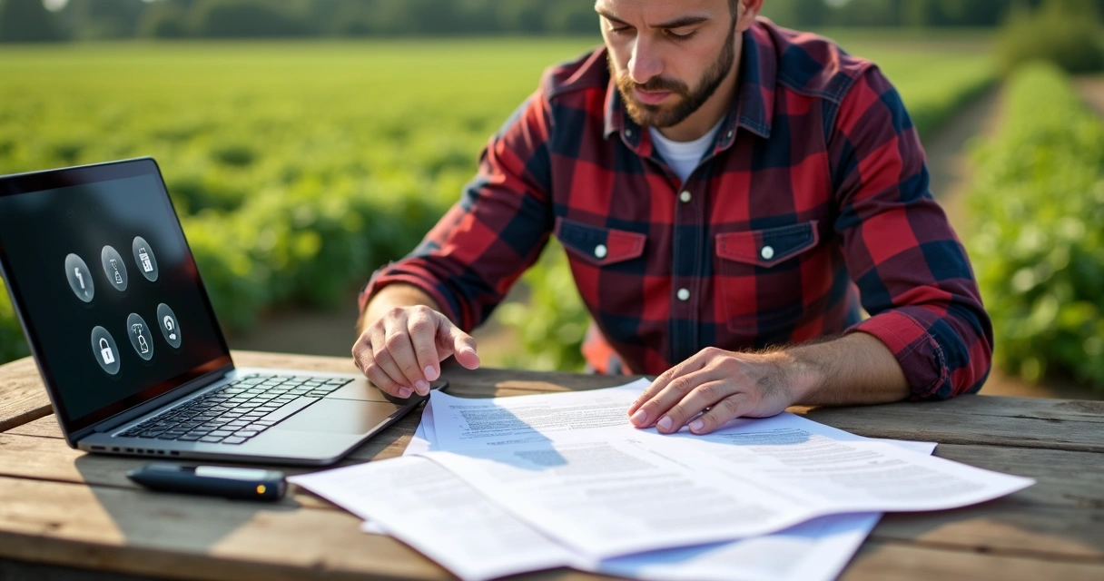 Produtor rural analisando documentos de consórcio com expressão atenta 