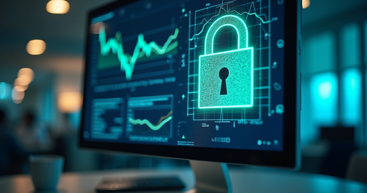 Símbolo de cadeado digital sobre tela de computador com gráficos 