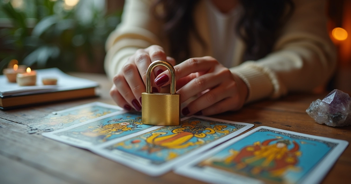 Mãos femininas segurando cadeado dourado sobre cartas de tarot em ambiente iluminado 