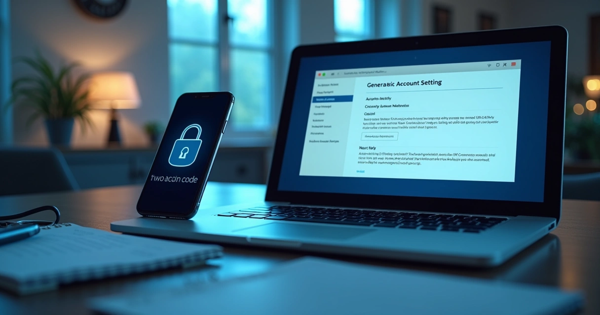Configurações de segurança digital em notebook e celular sobre mesa de trabalho 