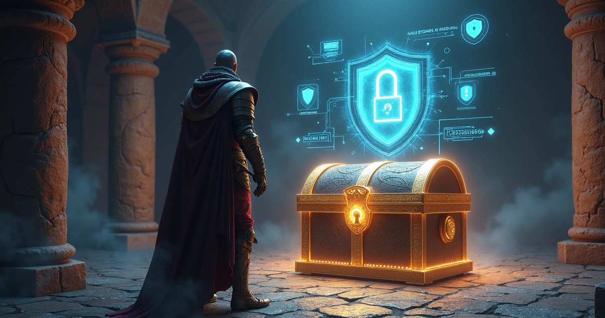 Guerreiro tibiano protegendo um baú brilhante com cadeado digital em frente a um portal mágico 