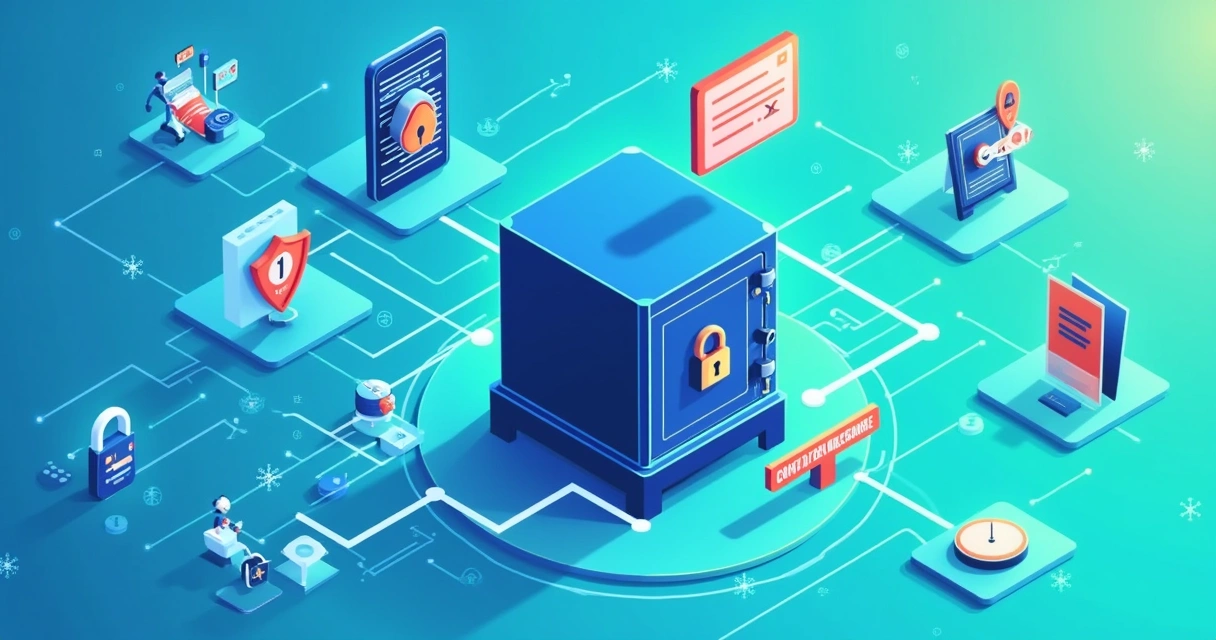 Ilustração simbolizando segurança de contas digitais com cofre, ícones de autenticação e monitoramento em fundo azul-verde.