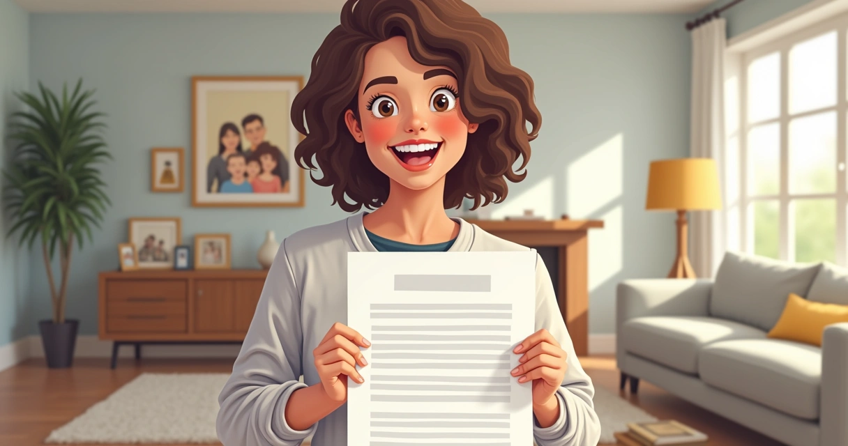 Pessoa segurando contrato de imóvel sorrindo em ambiente familiar 