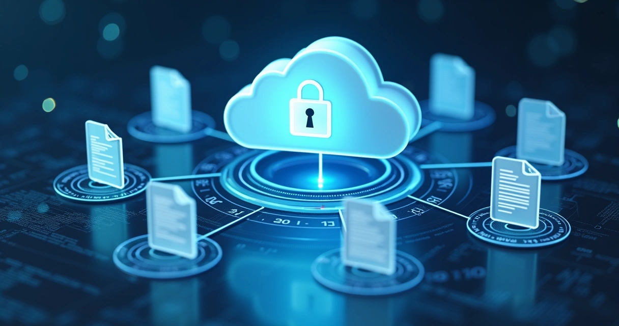 Painel digital representando contratos protegidos em nuvem com cadeados e arquivos organizados 