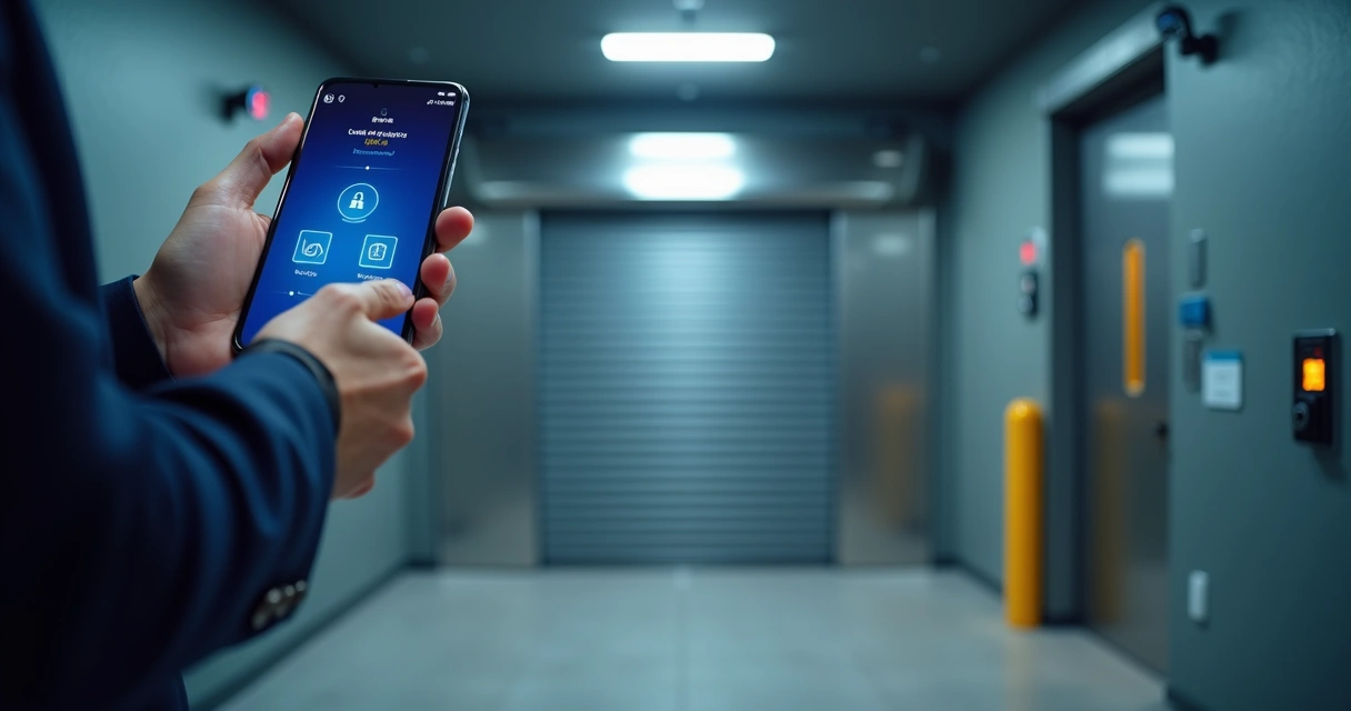 Empresário usando app no celular para abrir porta automática com foco em segurança eletrônica 