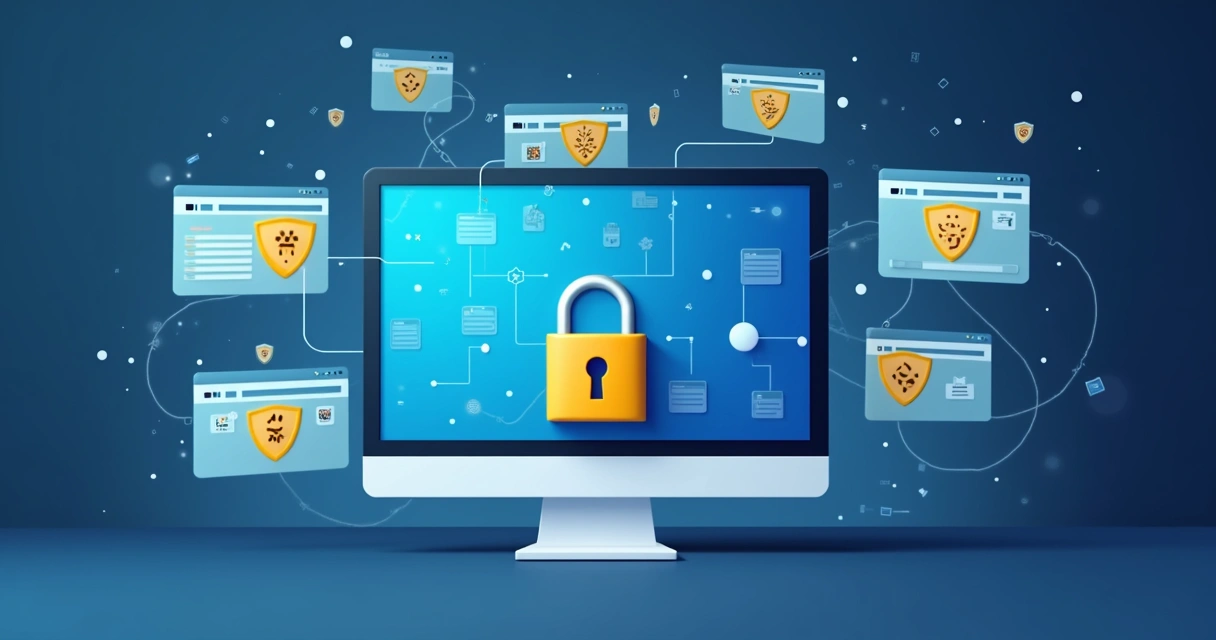 Ilustração mostrando computador com cadeado digital, navegadores abertos e ícones de escudo com marcações de cookies 