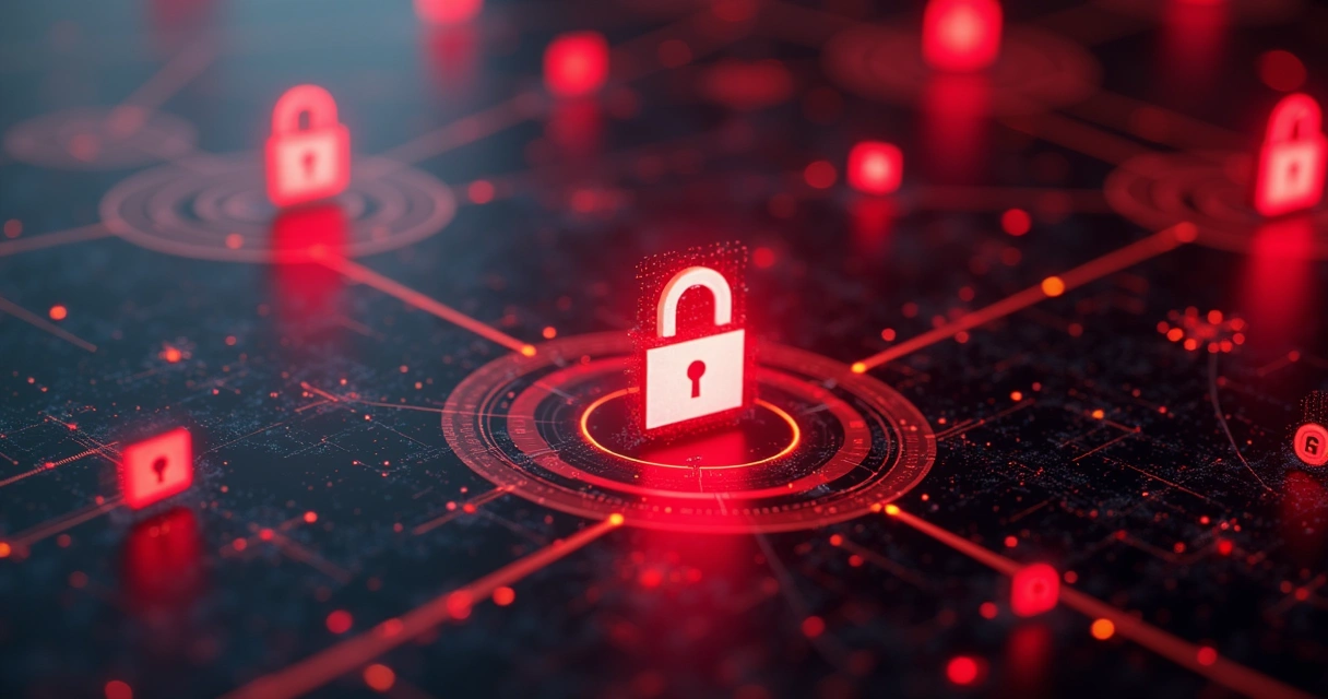 Ilustração de proteção de dados com símbolos de segurança digital 