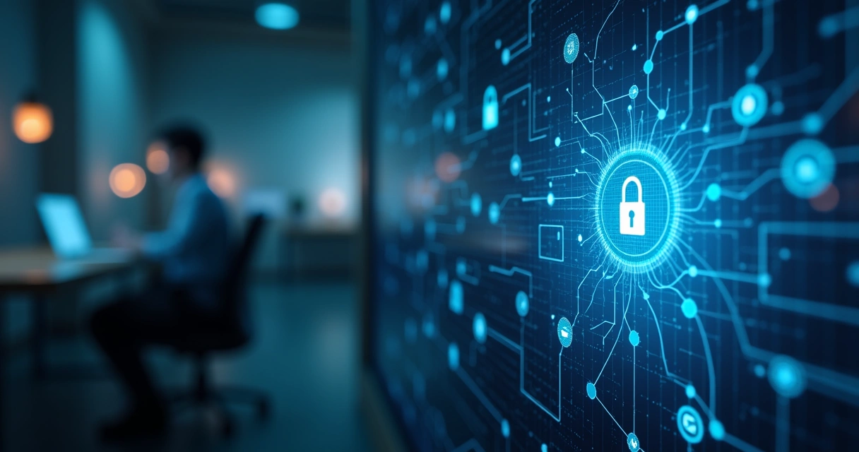 Painel de segurança digital com cadeado, escudo e elementos de proteção corporativos 