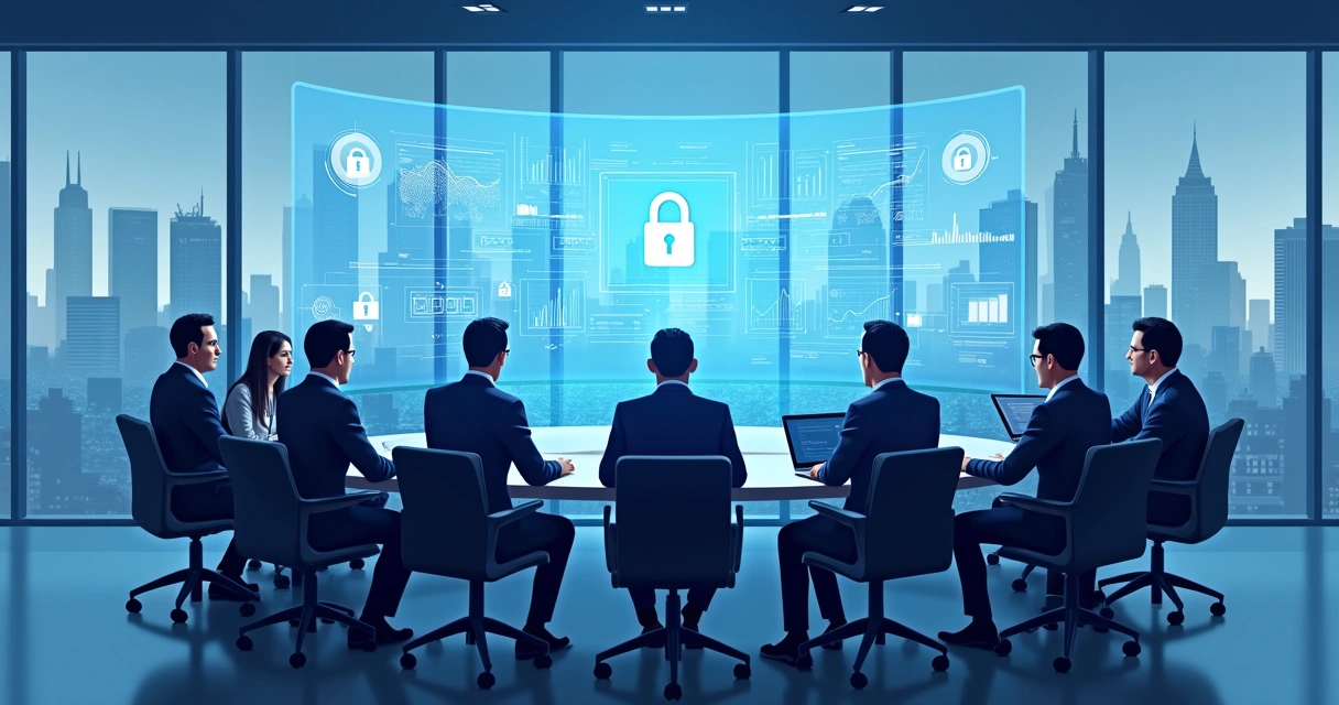 Executivos em torno de mesa analisando gráficos digitais de segurança da informação 