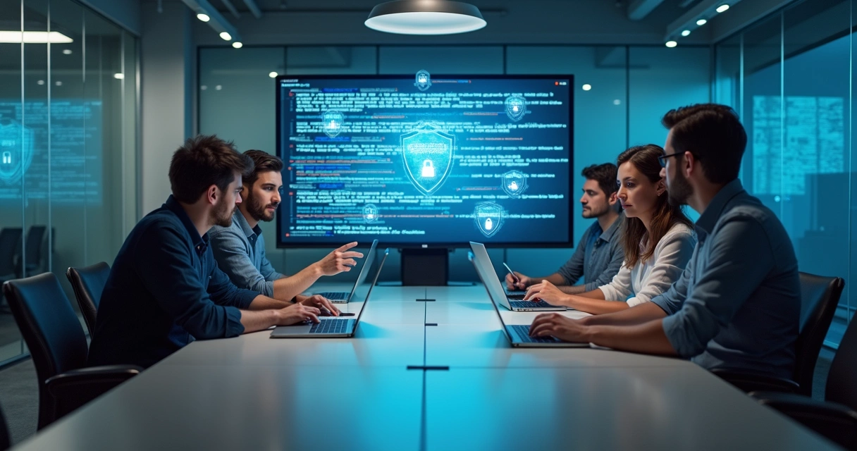 Equipe de profissionais empresariais atentos à análise de links em computadores.