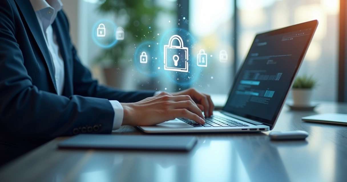 Pessoa digitando em notebook com ícones de cadeado digital ao fundo 