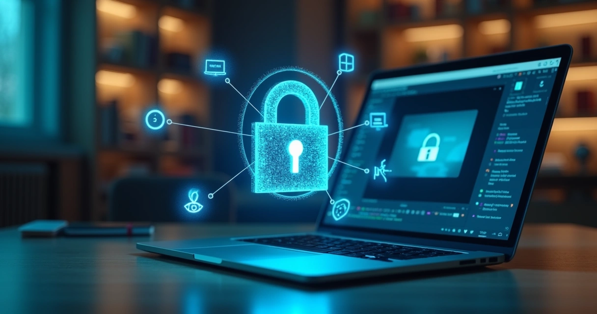 Conceito de segurança digital protegendo acesso a curso online em tela de computador 