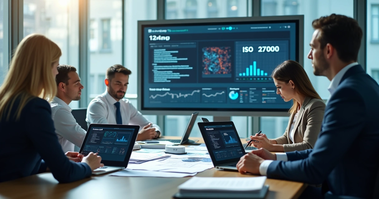 Gestores em reunião avaliando documentos digitais de segurança 