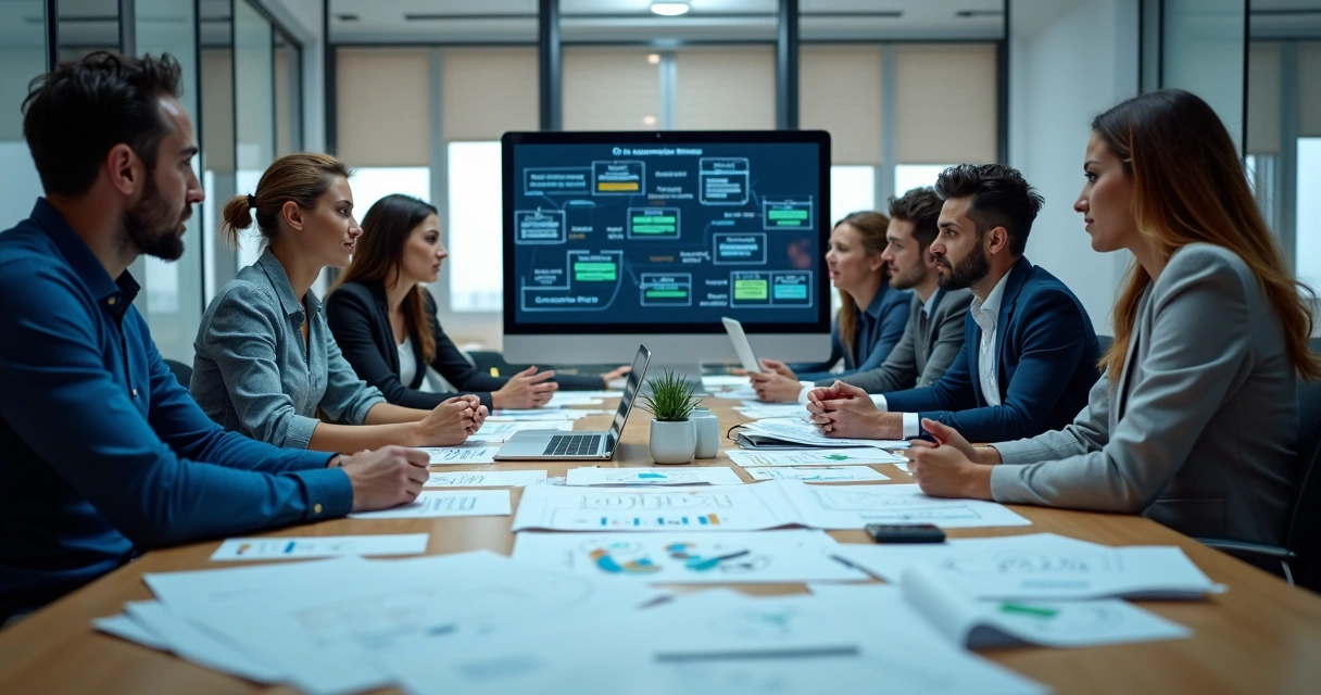 Equipe reunida analisando fluxos de dados em computadores 
