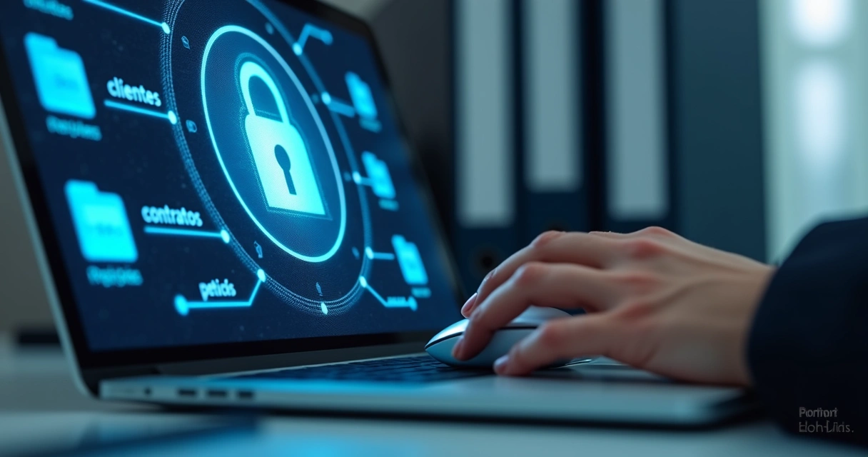 Tela de computador com cadeado digital representando segurança de dados jurídicos 