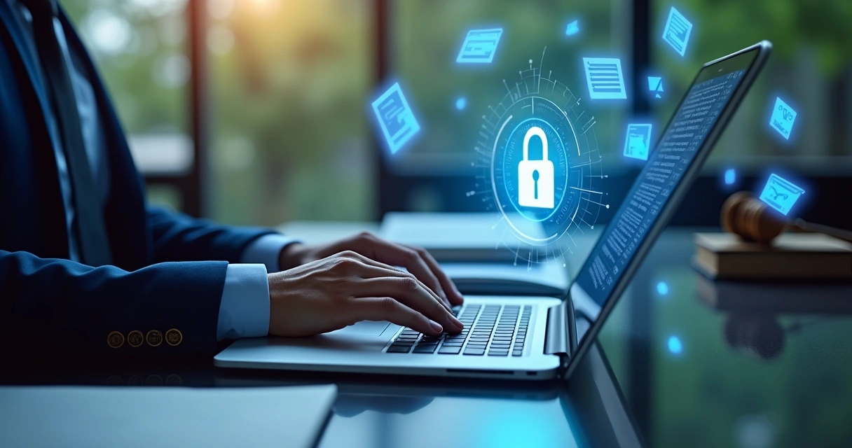 Advogado em escritório protegendo dados digitais numa tela 