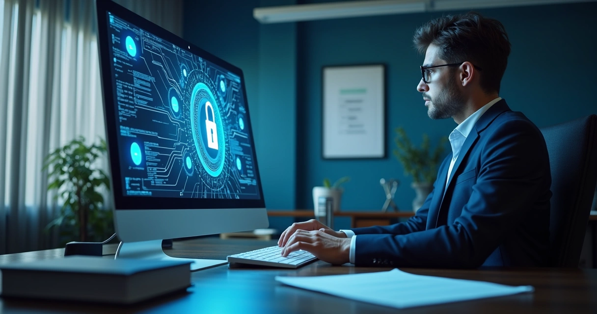 Advogado protegendo dados com inteligência artificial em escritório moderno