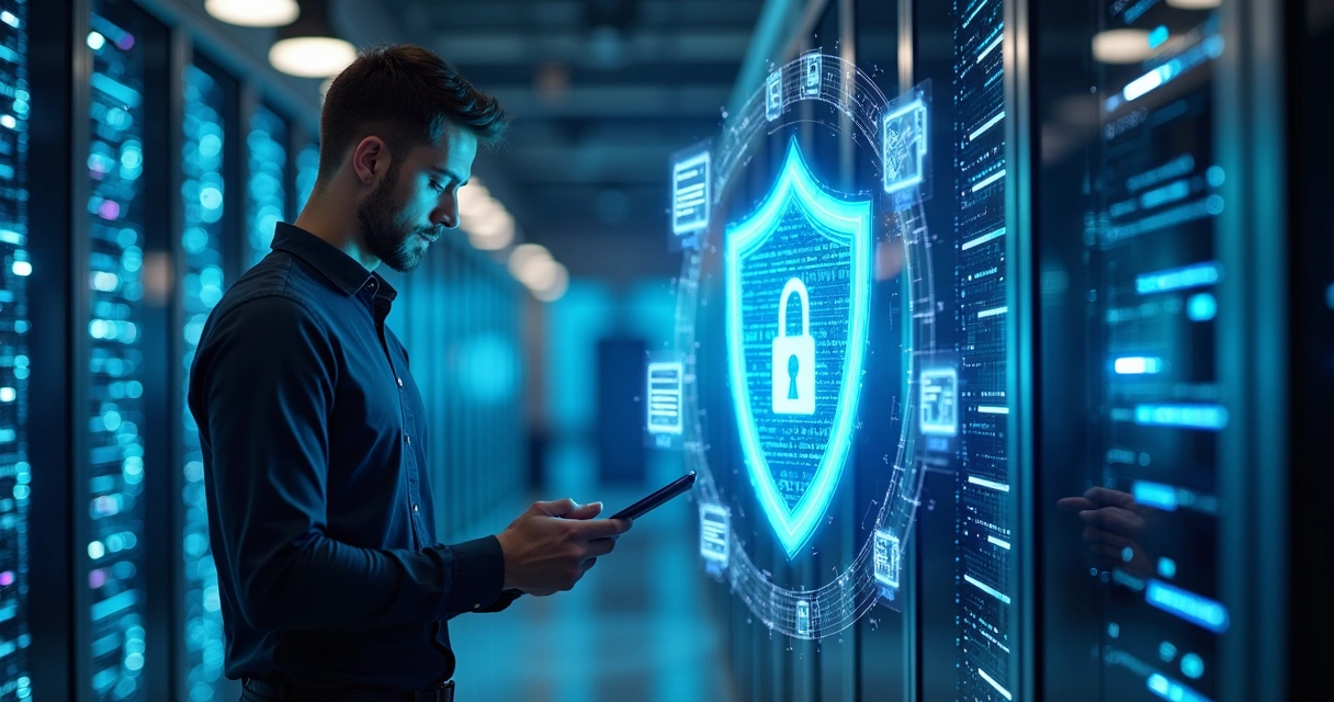 Proteção digital com escudo holográfico em centro de dados 