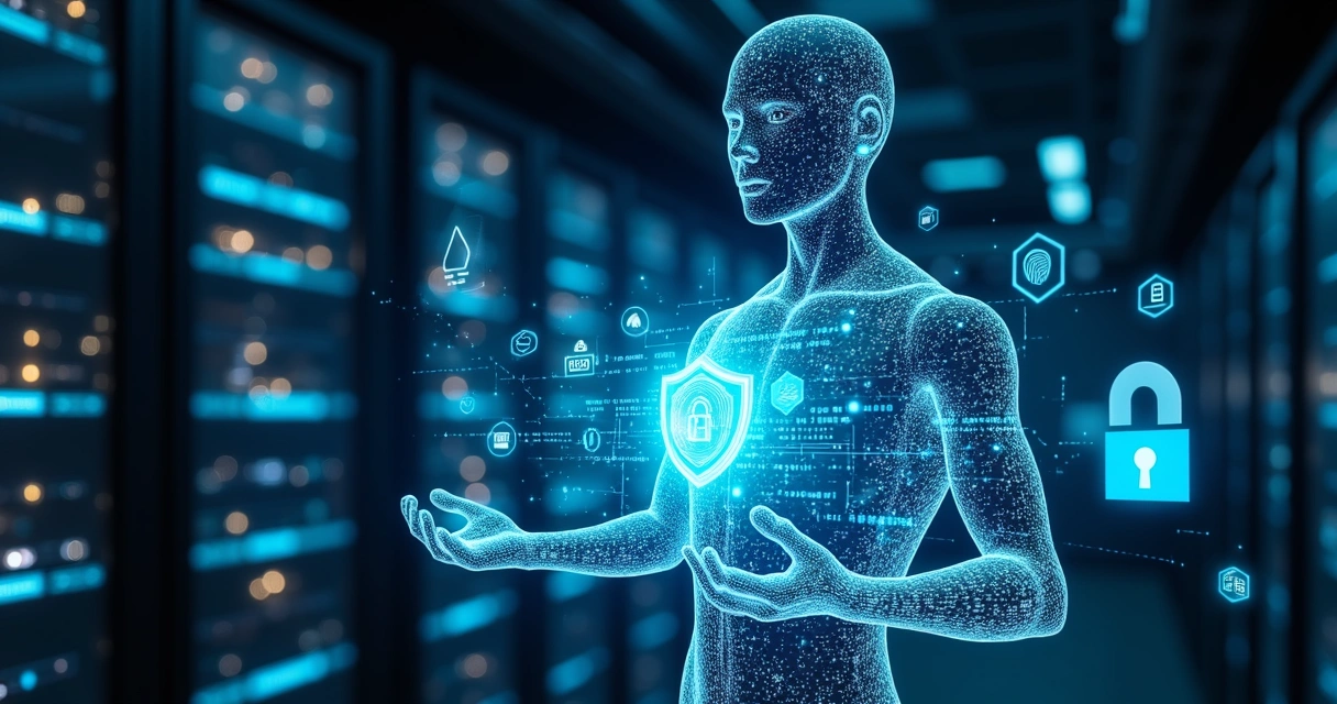 Representação digital de um agente de IA protegendo dados sensíveis em um ambiente tecnológico moderno 