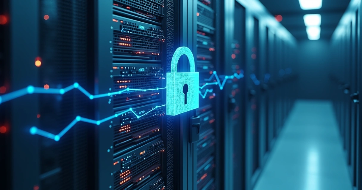 Servidor com cadeado e fluxos de dados protegidos por criptografia 