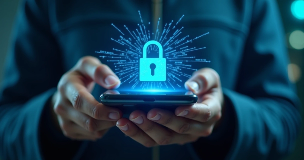 Mãos segurando smartphone com tela mostrando cadeado digital, código binário ao fundo, luz azul